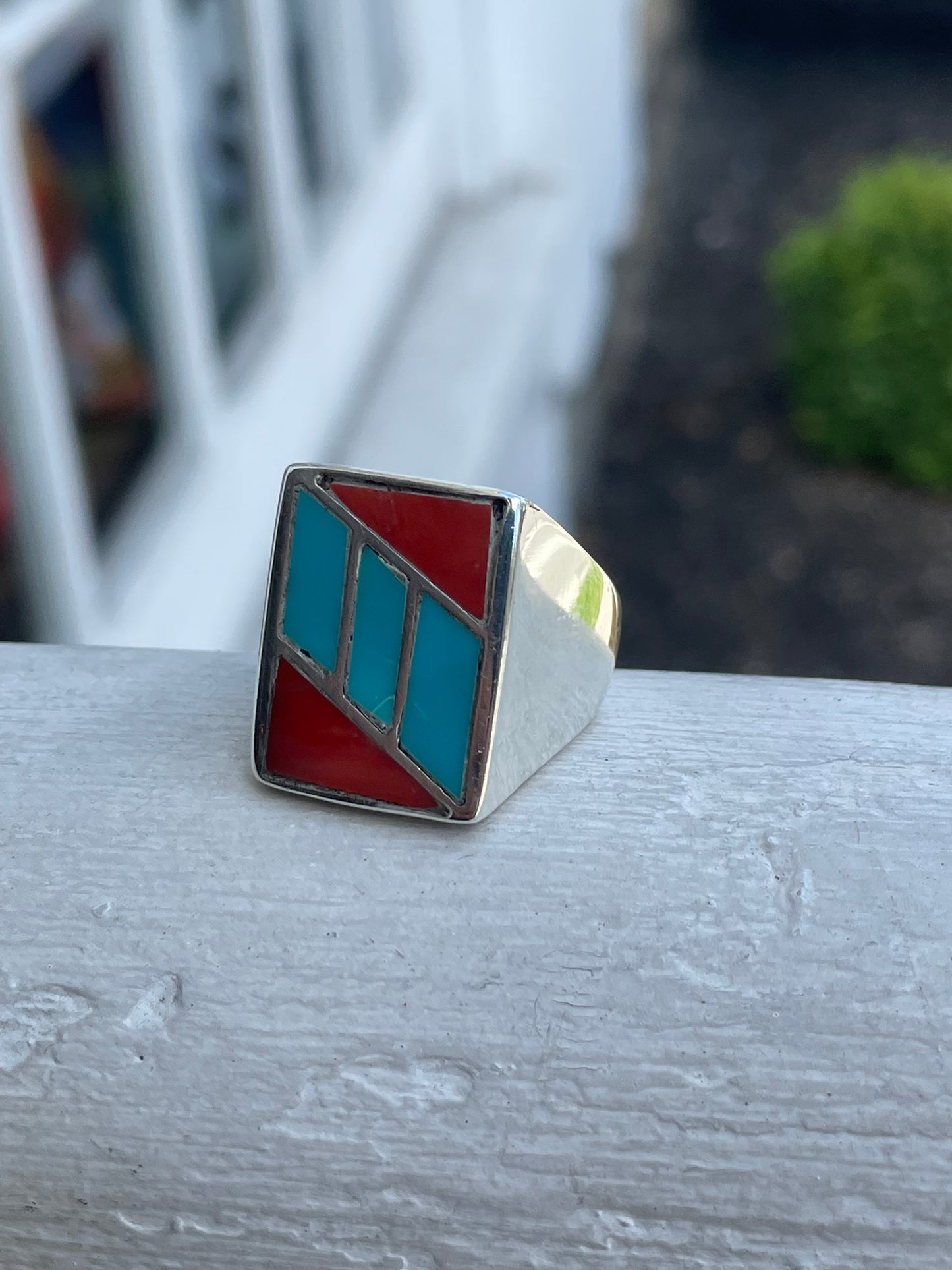 925 Sterling Silver Mens Turquoise & Carnelian Inlay Signet Style Ring Size 11