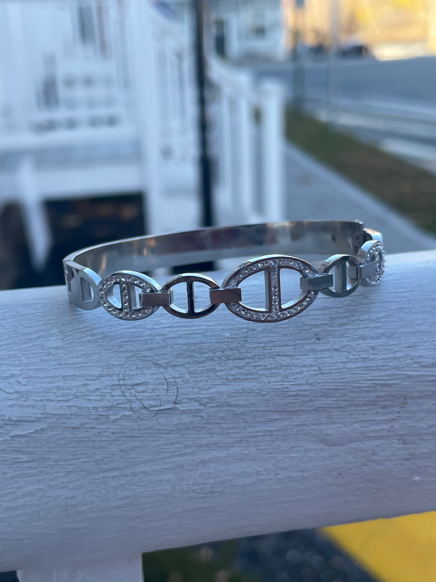 Stainless Steel Gucci Bangle Bracelet with Clear Crystals 7”