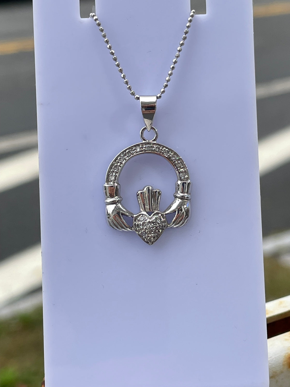 925 Sterling Silver Diamond Irish Claddagh Necklace 18”