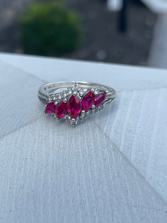 925 Sterling Silver Synthetic Ruby & Clear Zirconia Cluster Band Ring