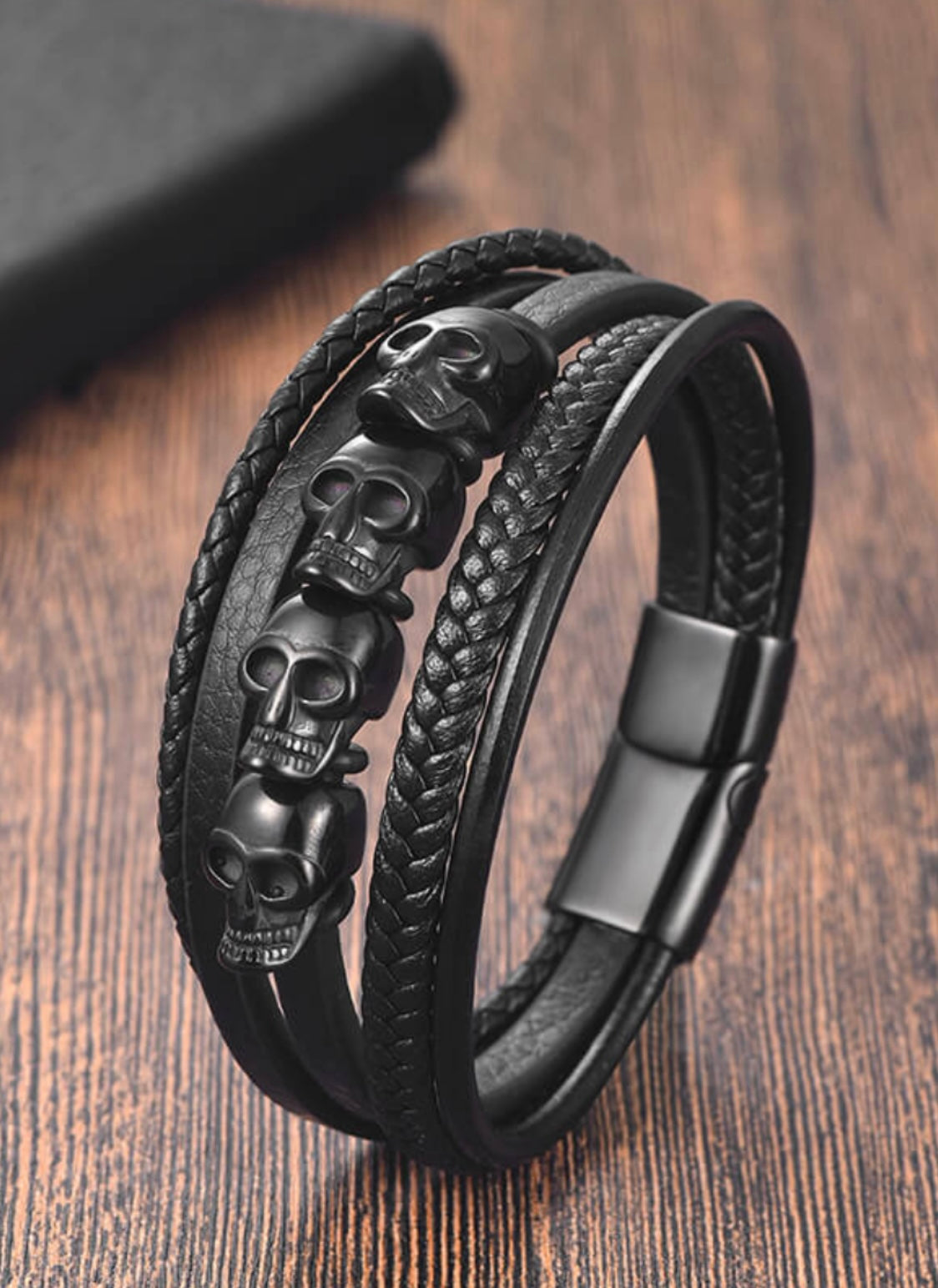 Black Skull Stainless Steel & Leather Multi Strand Bracelet