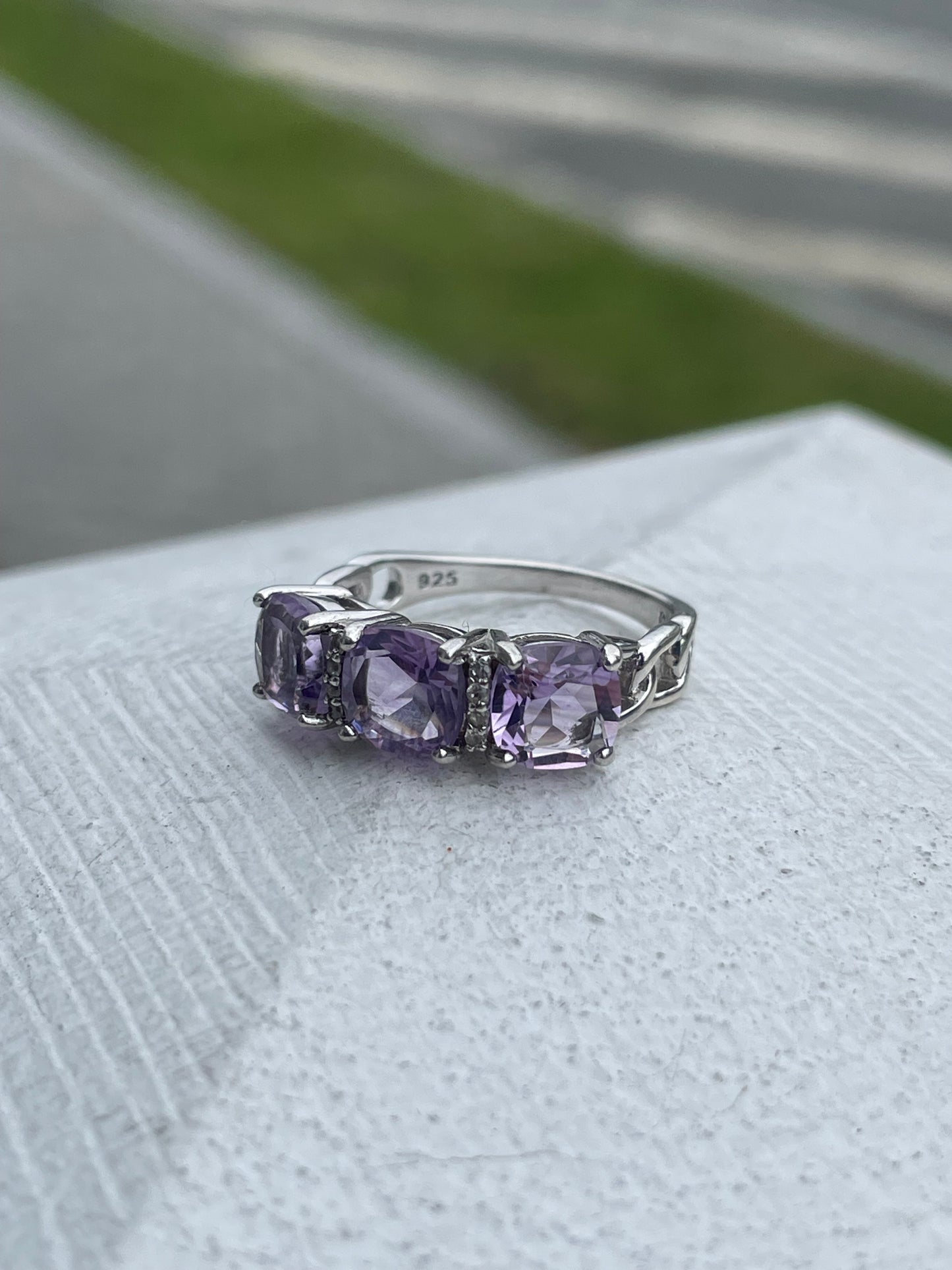 925 Sterling Silver Past Present Future Amethyst & Cz Band Ring Size 6