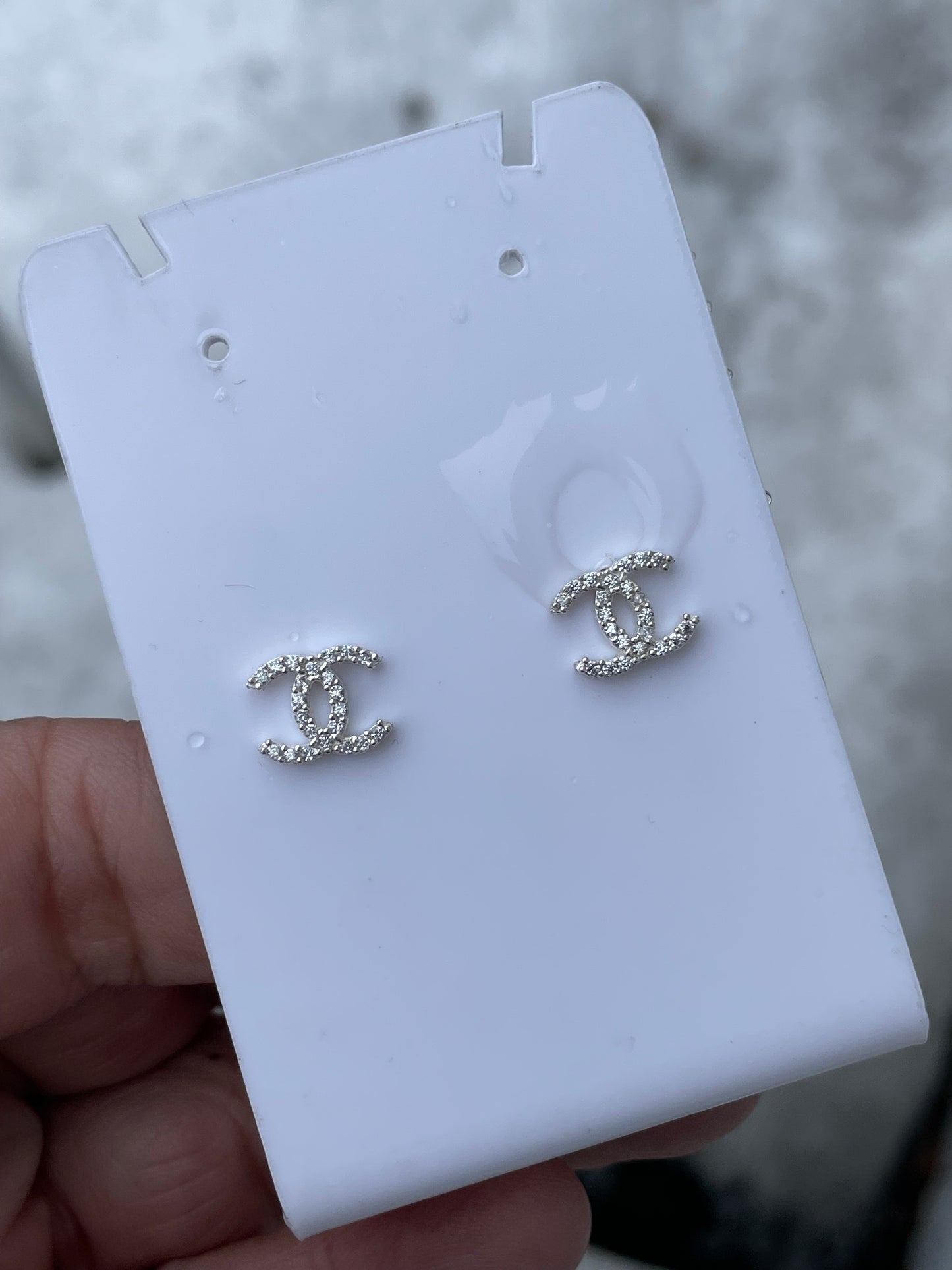 925 Sterling Silver Sparkling Petite Chanel Logo CC Stud Earrings (K11)