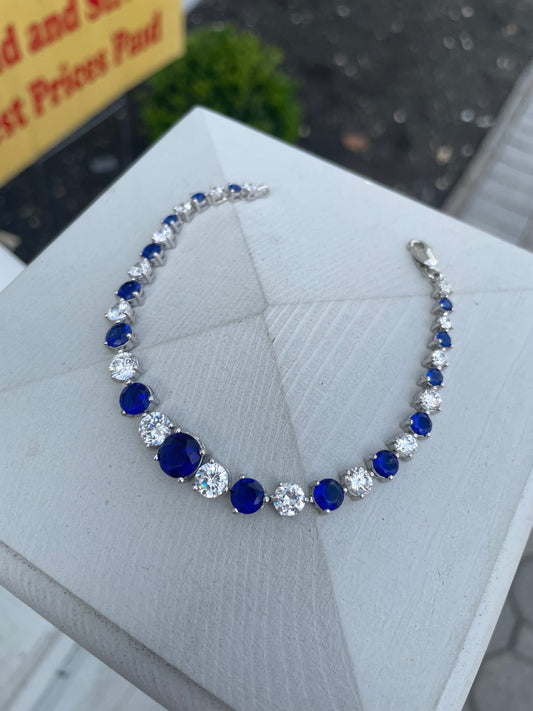 925 Sterling Silver Blue & Clear Cz Graduated Tennis Bracelet