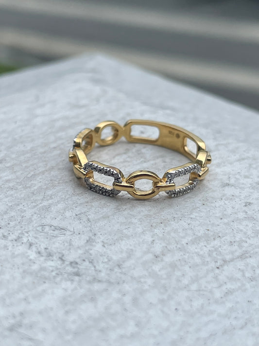 925 Sterling Silver Vermeil Chainlink Band Ring with Clear Cz Size 7