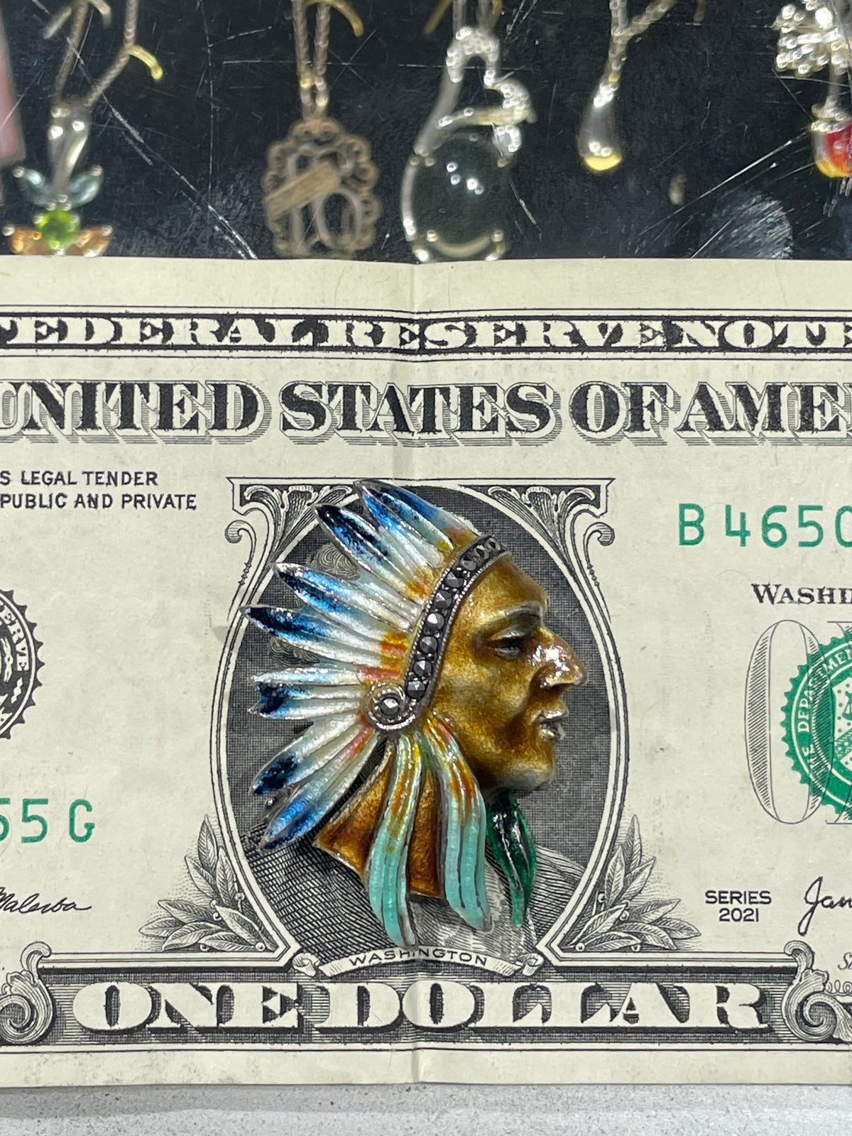 Handmade 925 Sterling Silver Enameled Native American Indian Head Pin