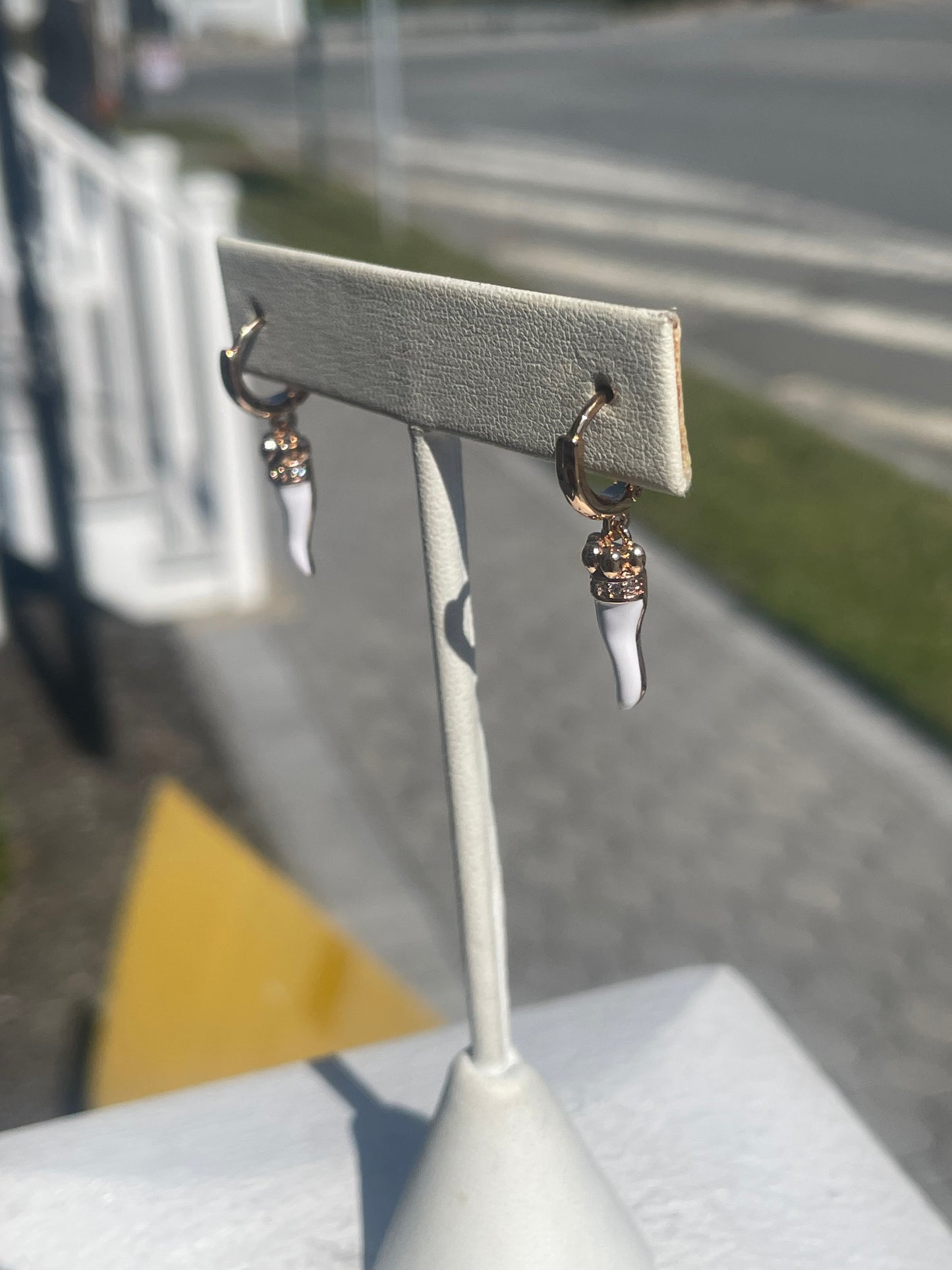 Stainless steel gold plated White enamel Italian horn dangle earrings