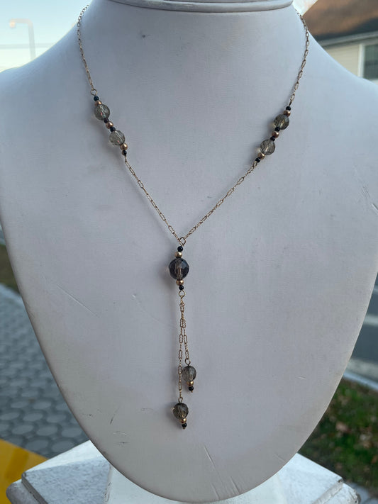 10k Gold Smoky Quartz & Black Onyx Beaded Plunge Necklace 15.5”