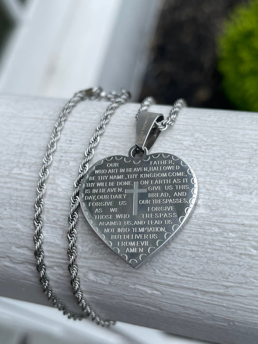 Stainless Steel Lord’s Prayer Heart Necklace 17”