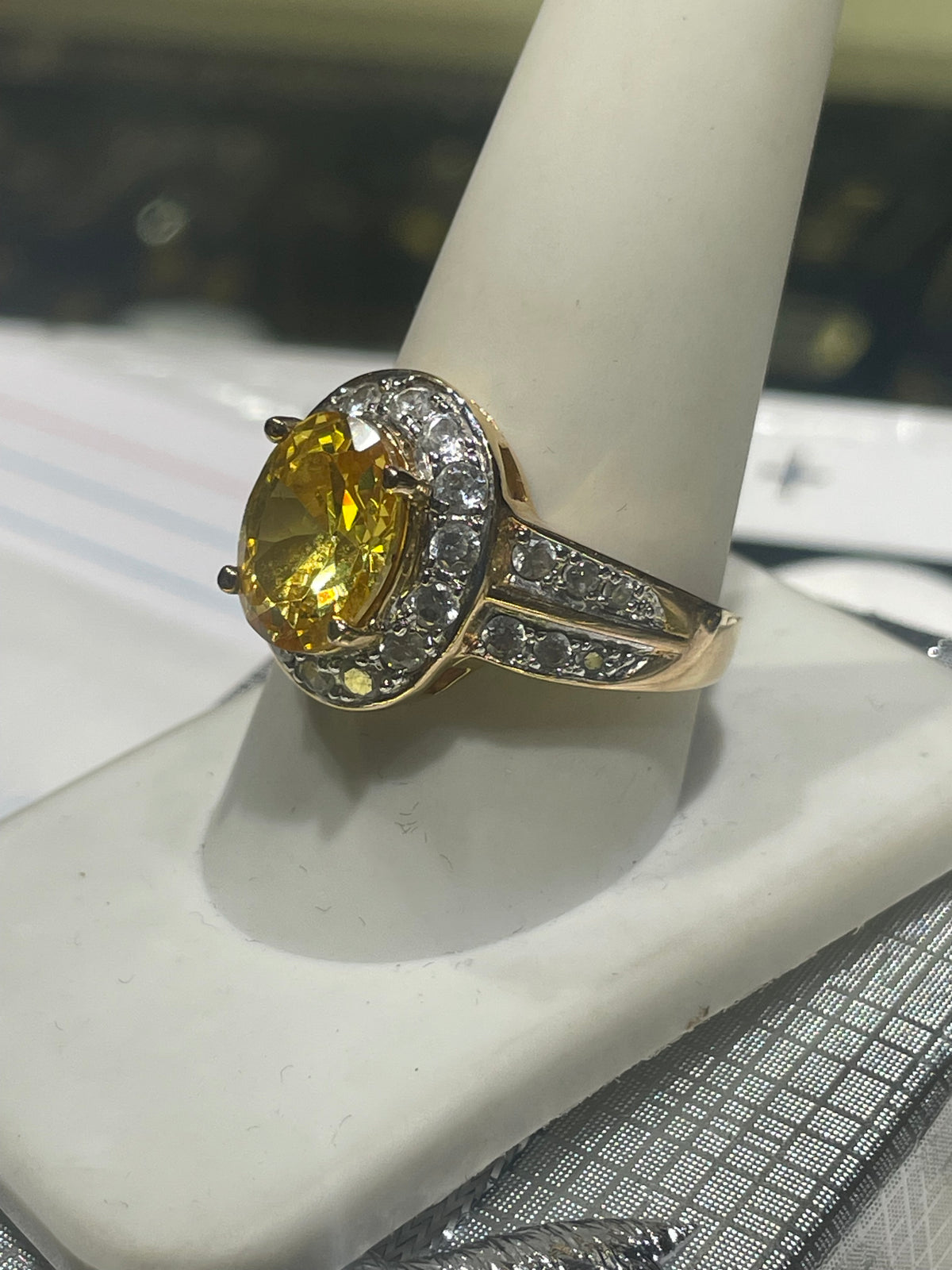 925 Sterling Silver Vermeil Simulated Yellow Topaz & Cz Ring Size 10