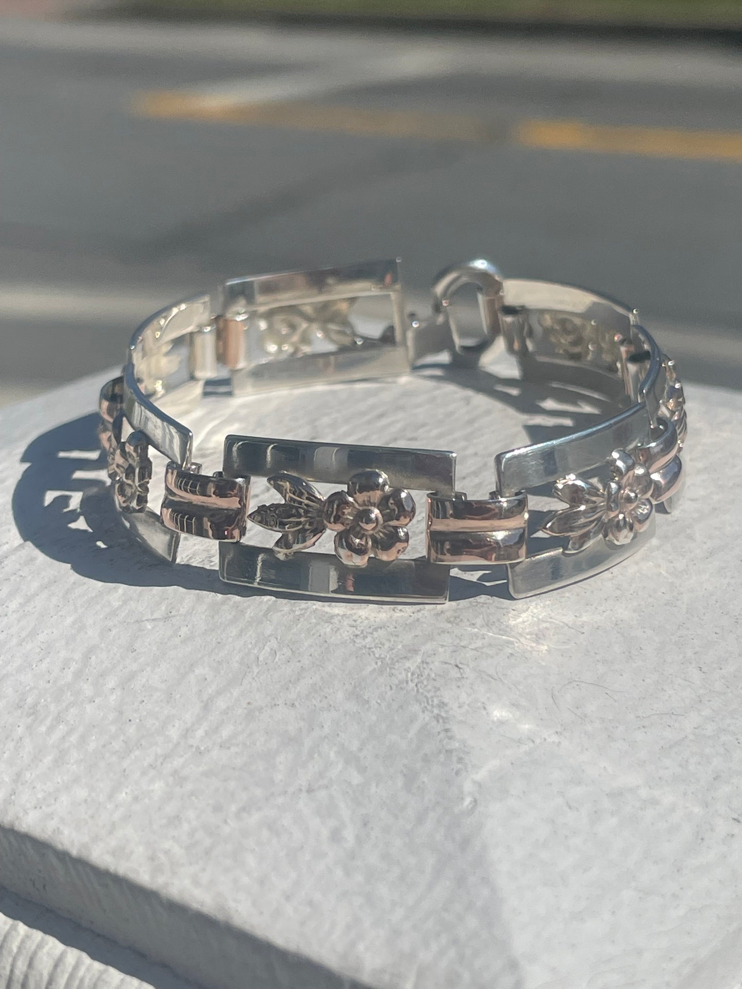 Designer Kreisler 925 Sterling Silver & Rose Vermeil Vintage Openwork Flower Tile Bracelet