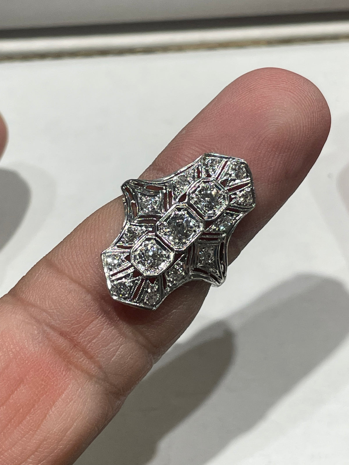 Antique Platinum Art Deco Past Present Future Ring Size 7.5