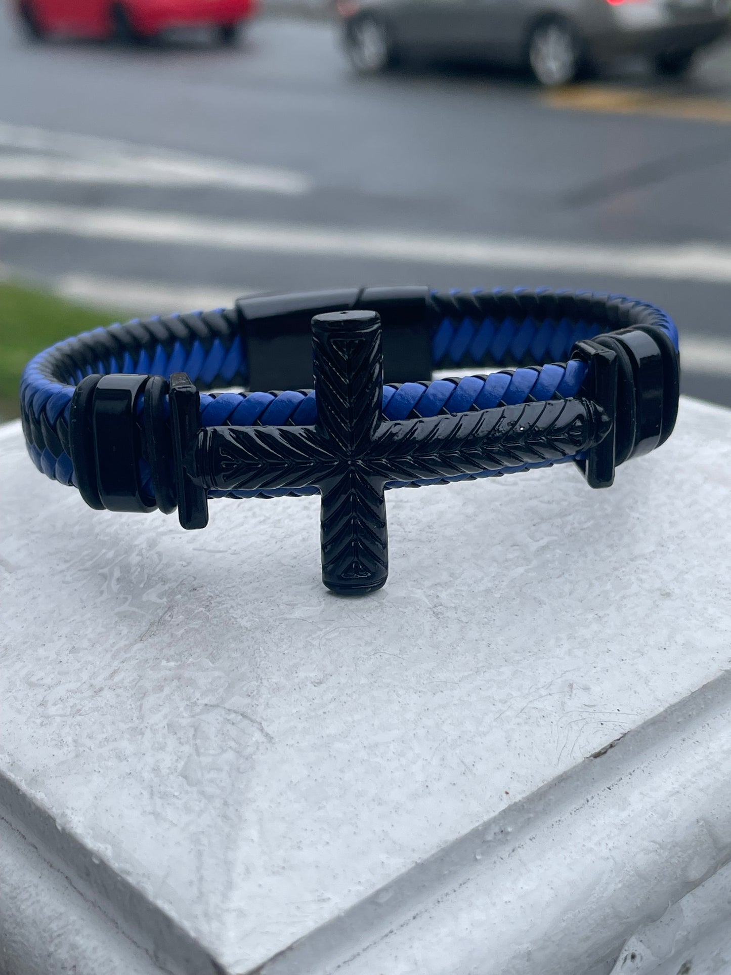 Stainless Steel & Leather Sideways Cross Bracelet 8”