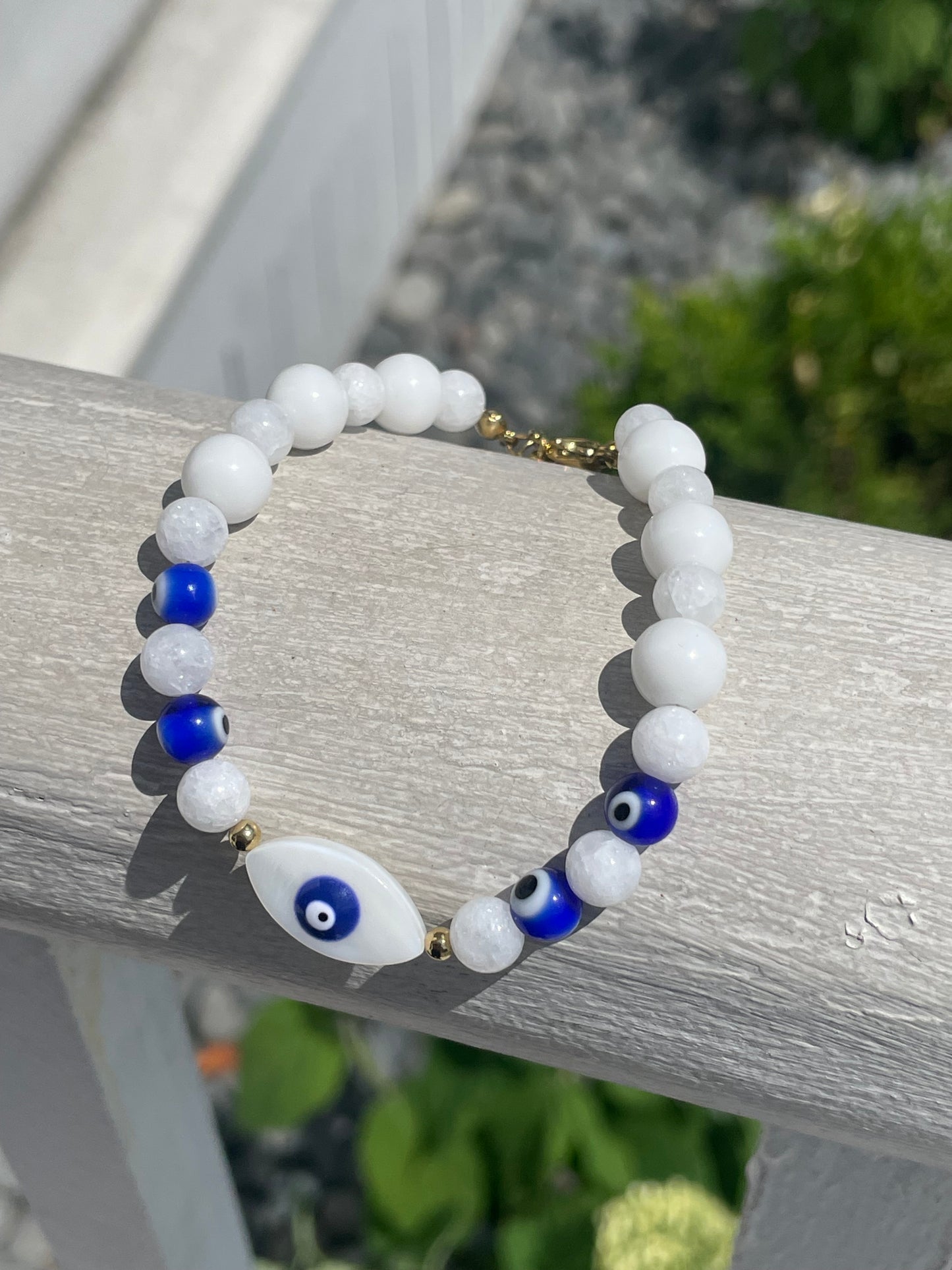 Stainless Steel Vermeil White & Blue Beaded Evil Eye Bracelet 7”-8.5”
