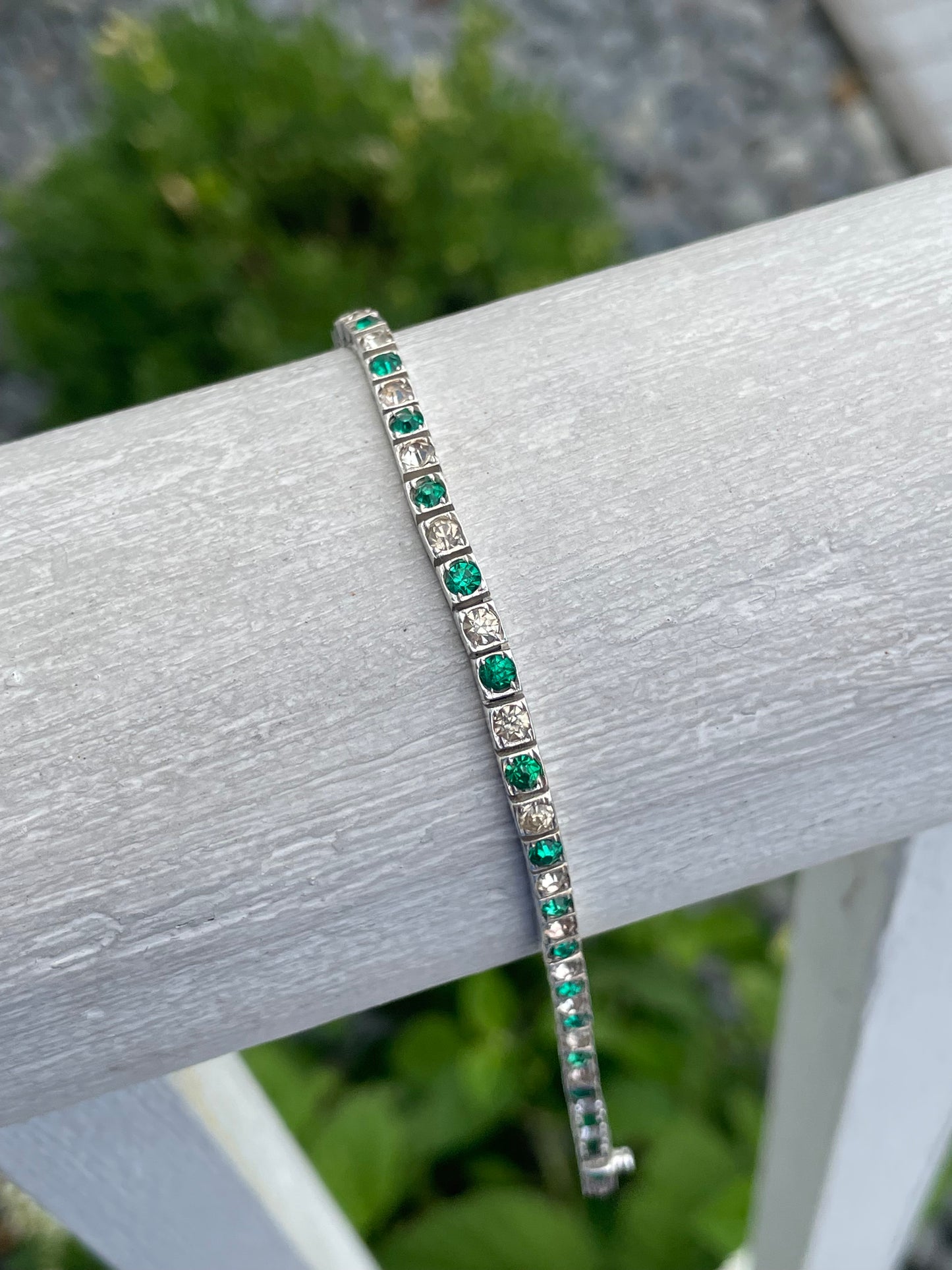 925 Sterling Silver Green & Clear Crystal Tennis Bracelet 8.5”