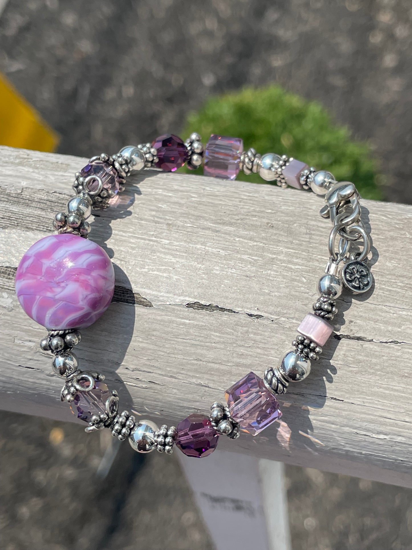 Designer Ele 925 Sterling Silver Lavender & Pink Crystal bracelet