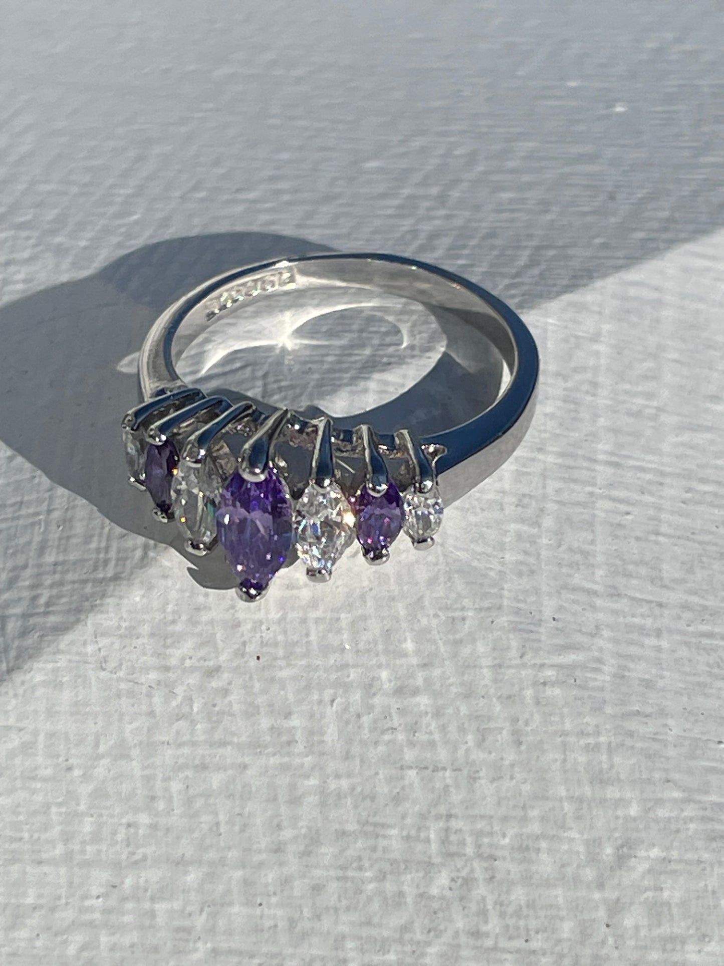 925 Sterling Silver 1980s Marquis Purple & Clear Cz Bridge Ring Size 8