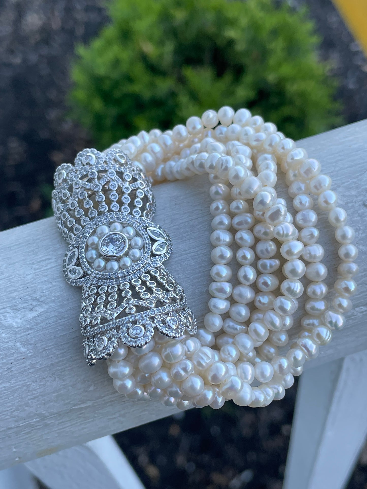 925 Sterling Silver Multi Stranded Pearl Art Deco Bridal / Prom Day Bracelet