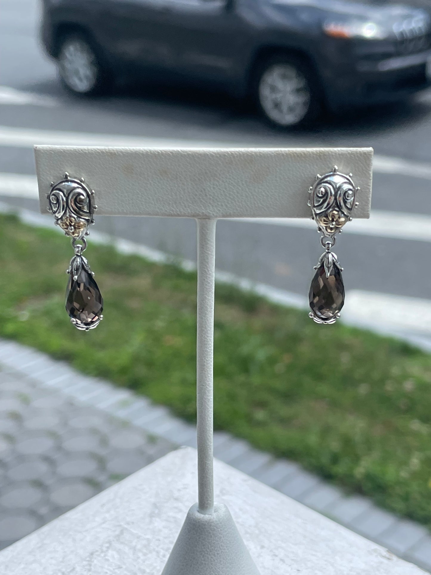 Designer Barbara Bixby Elongated Smoky Quartz Dangle Earrings 925 Sterling Silver & 18k Gold