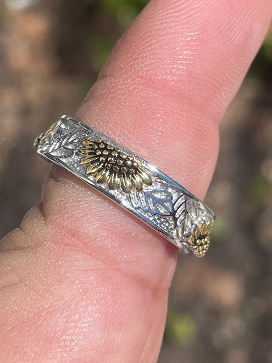 925 Sterling Silver & Vermeil Sunflower Eternity Band Ting Size 9