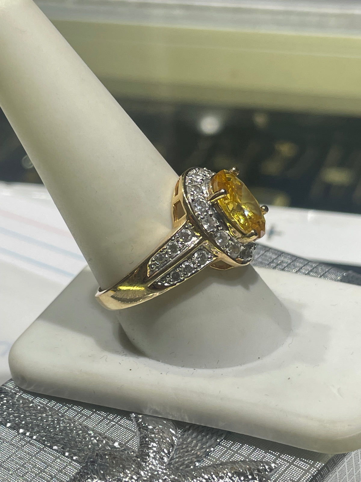 925 Sterling Silver Vermeil Simulated Yellow Topaz & Cz Ring Size 10