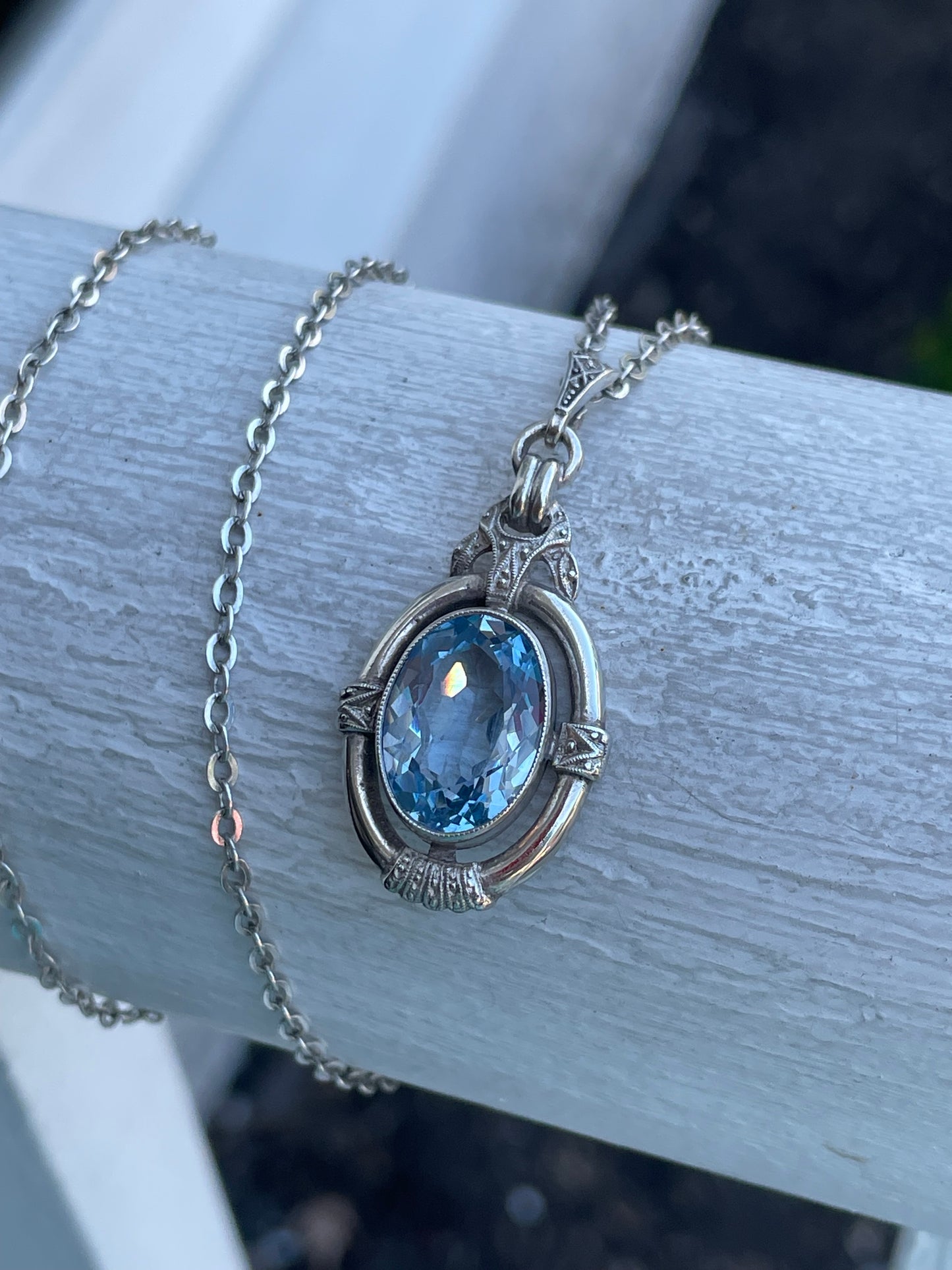 925 Sterling Silver Vintage Sky Blue Topaz Necklace w/ 24” Chain