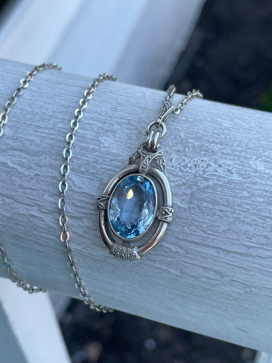 925 Sterling Silver Vintage Sky Blue Topaz Necklace w/ 24” Chain