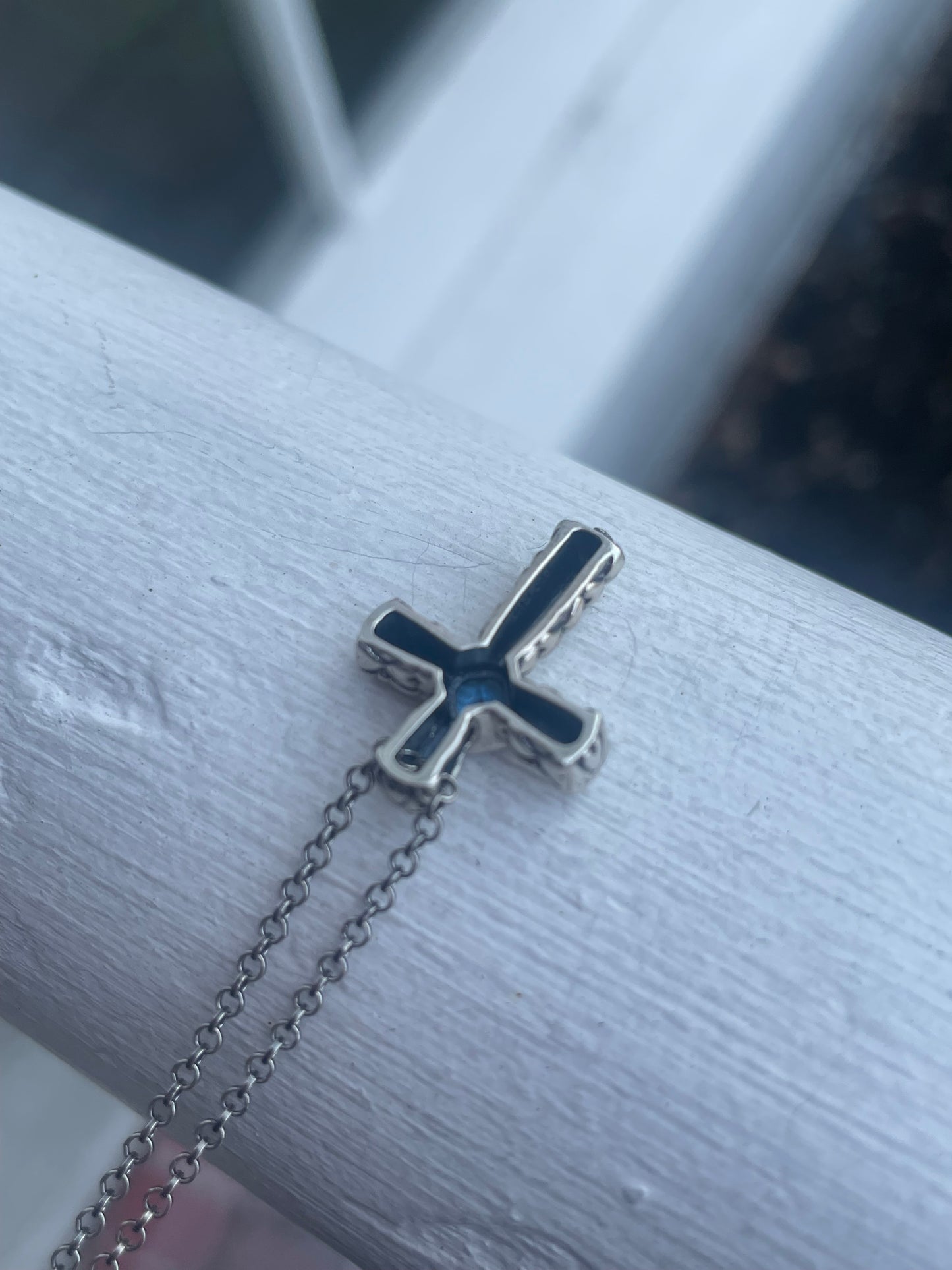 925 Sterling Silver Silver Simulated Blue Topaz Cross Necklace