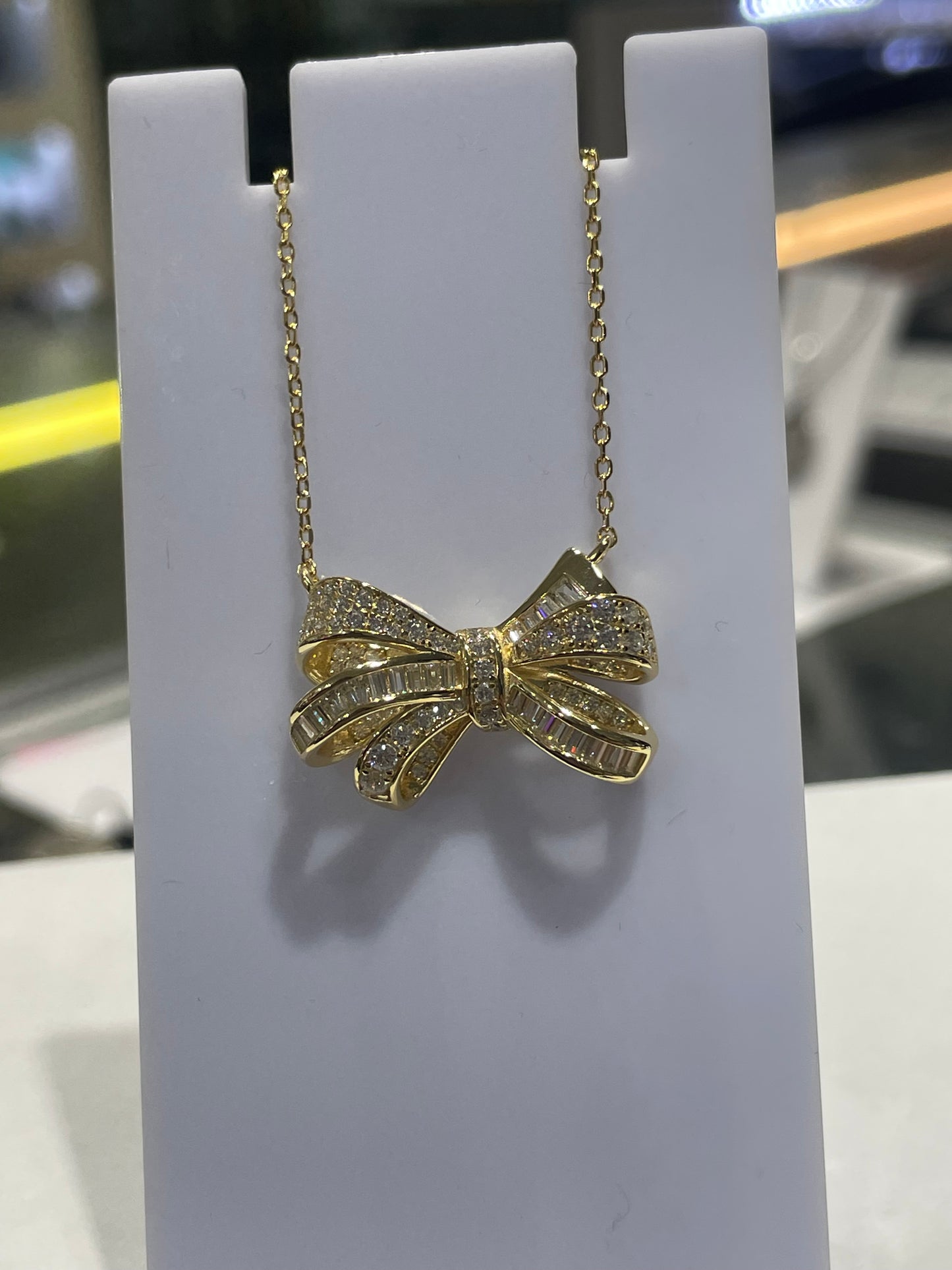 925 Sterling Silver Vermeil Sparkling Cz Bow Necklace