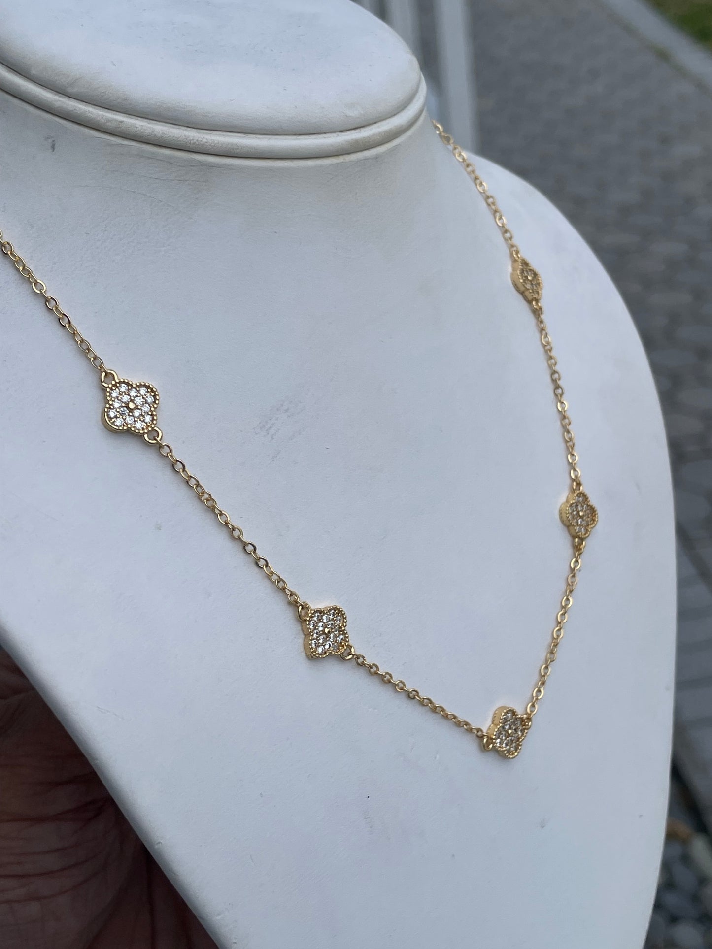 Stainless Steel Gold-plated Mini Clover Station Van Cleef Style Sparkling Cz Alhambra Necklace 18”-20”