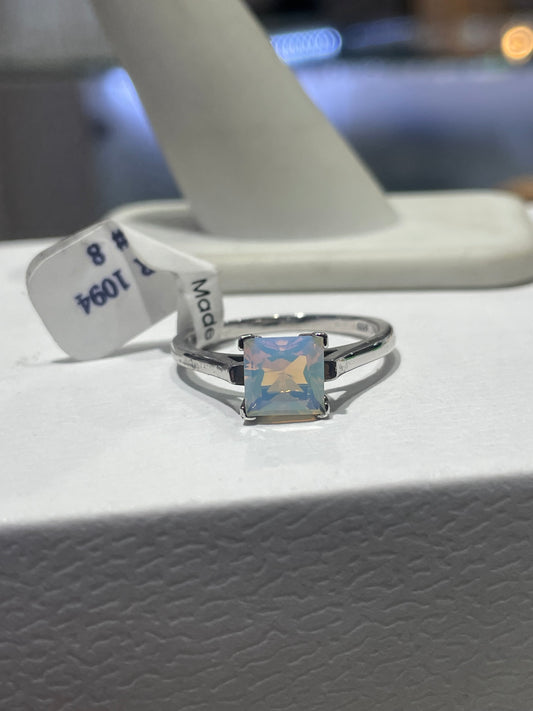 925 Sterling Silver Milky White Princess Cut AB Crystal Solitaire Ring Size 8