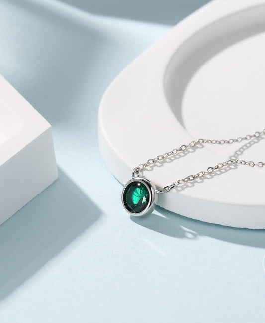 925 Sterling Silver Simulated Emerald Solitaire Necklace