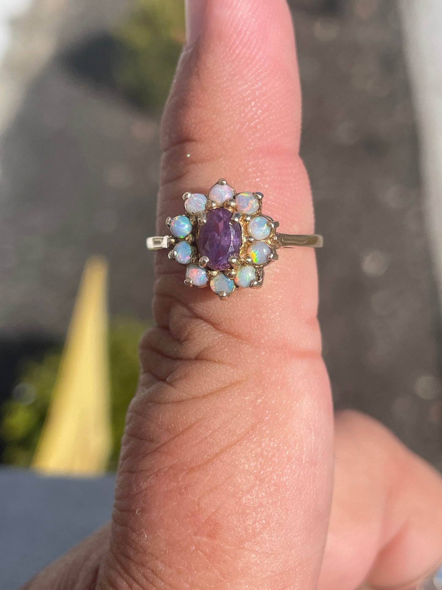 14k Gold Natural Amethyst & Opal Cluster Ring Size 7.5