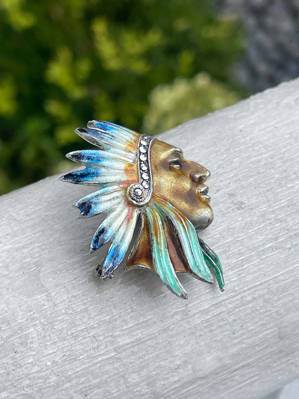 Handmade 925 Sterling Silver Enameled Native American Indian Head Pin