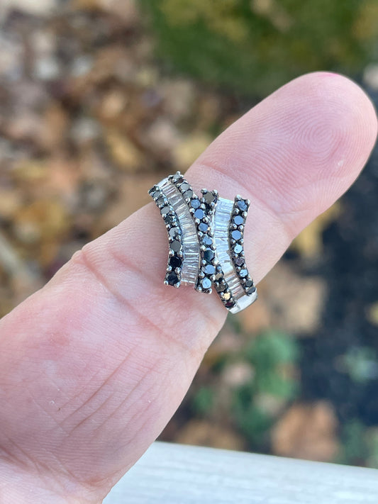 925 Sterling Silver Natural Black & White Diamond Bypass Ring Size 7