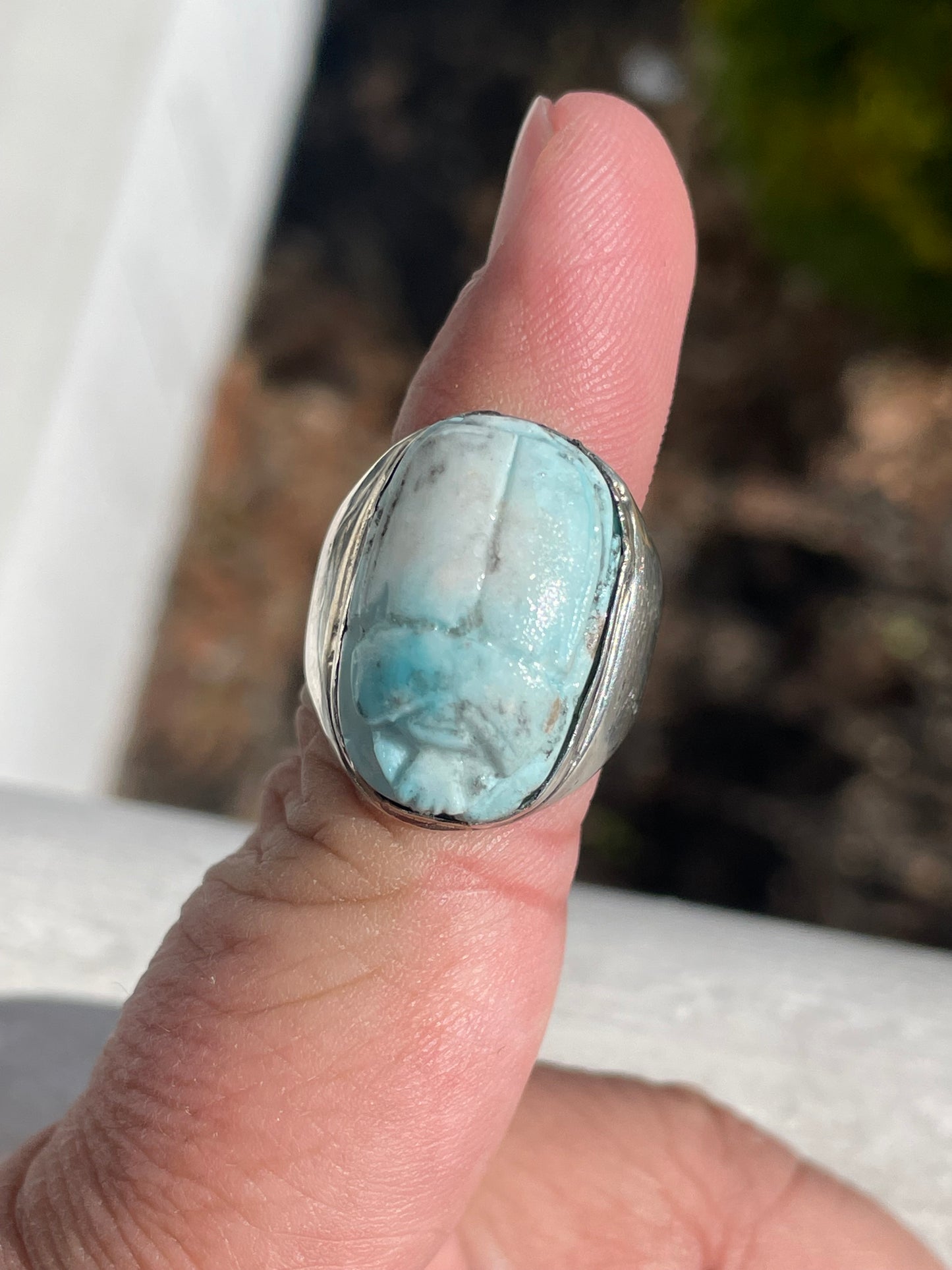 925 Sterling Silver Handmade Larimar Scarab Ring Size 7.5