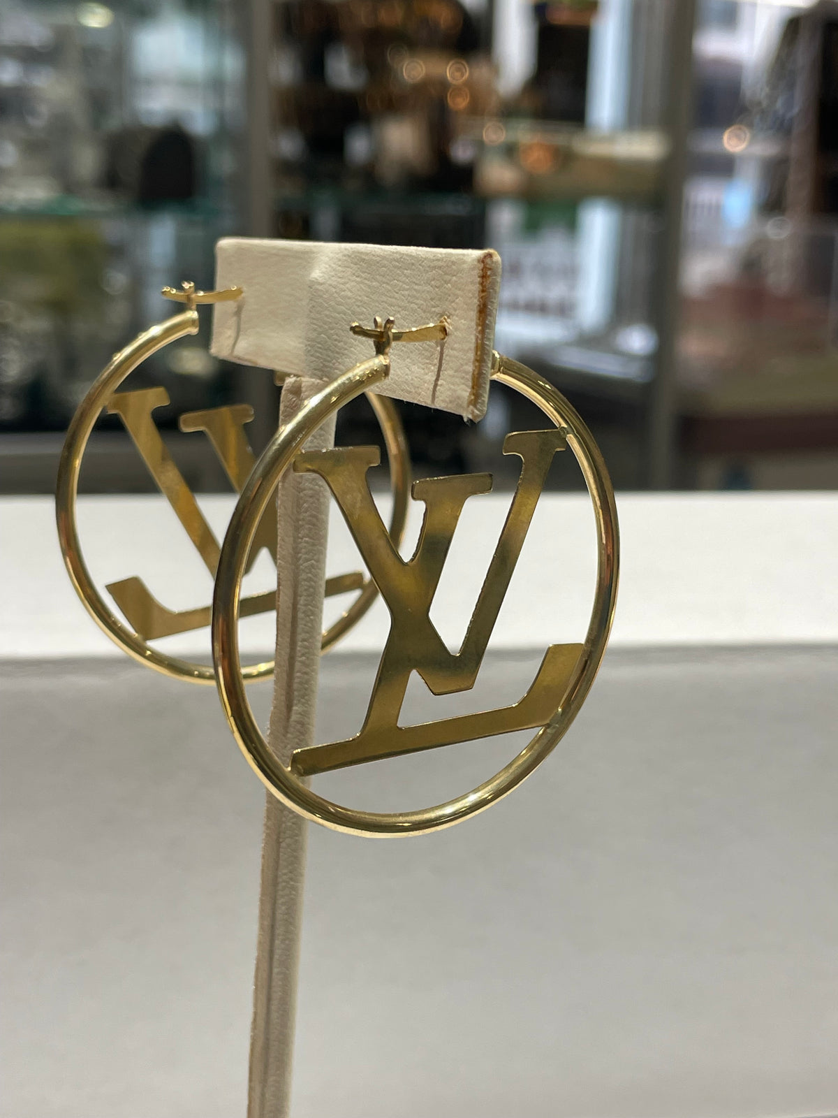 Solid 14k Gold LV Logo Designed Hoop Earrings
