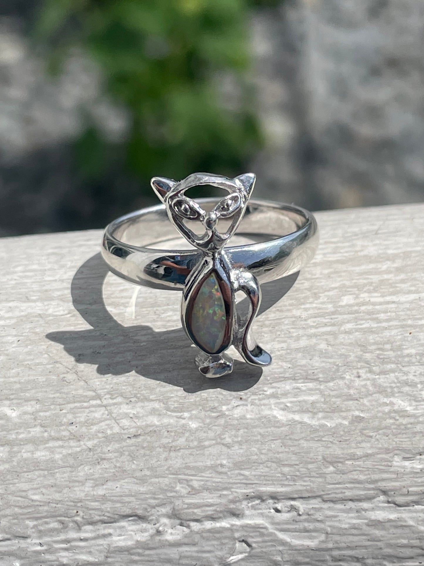 925 Sterling Silver Opal Stone Kitty Cat Ring Size 10