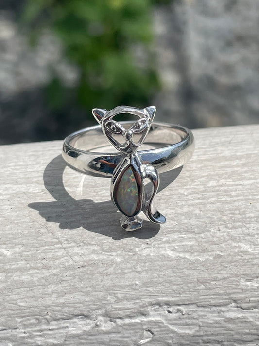 925 Sterling Silver Opal Stone Kitty Cat Ring Size 10