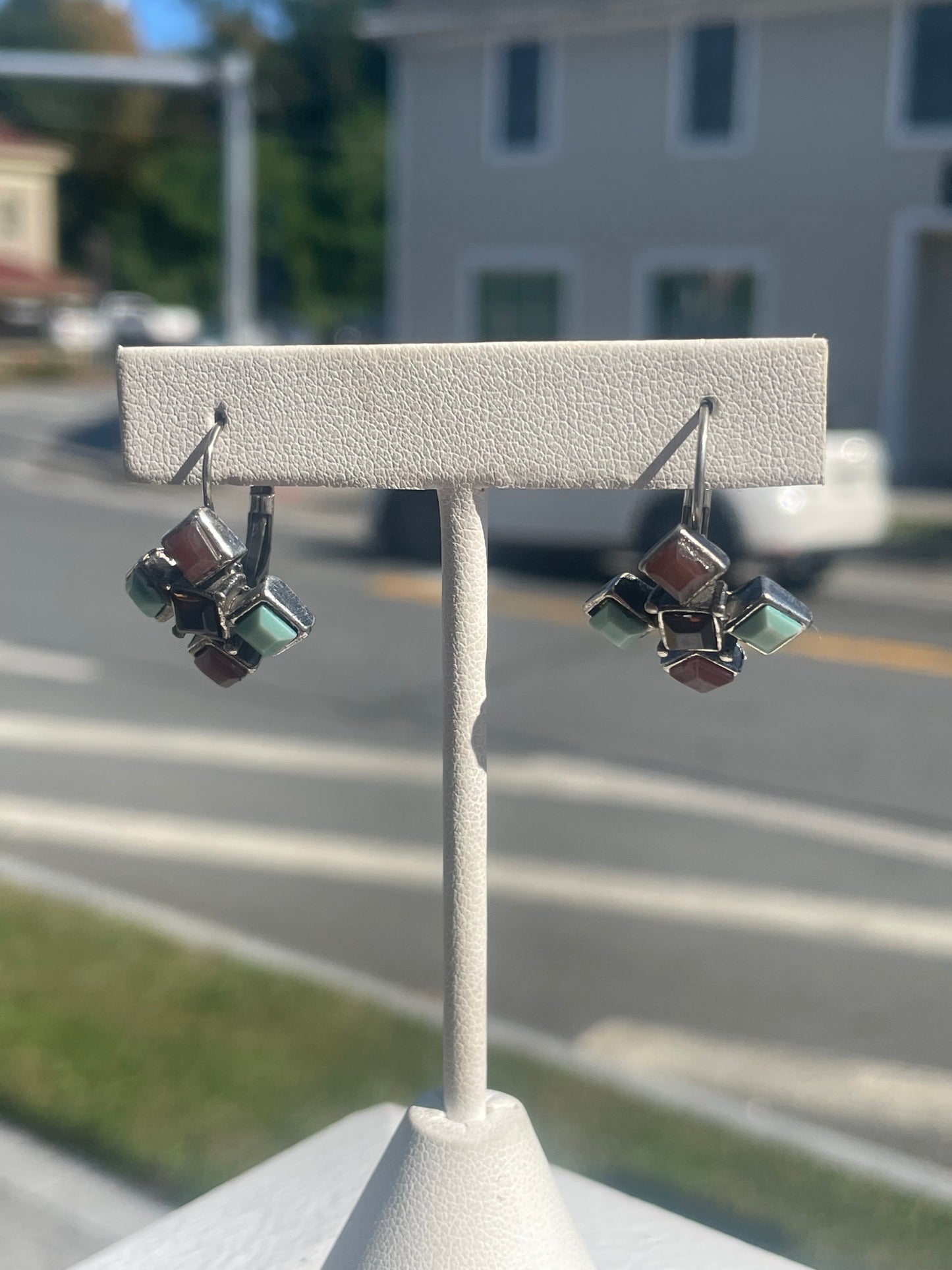 Vintage 925 Sterling Silver Turquoise, Carnelian, and Brown Quartz Cluster Dangle Earrings