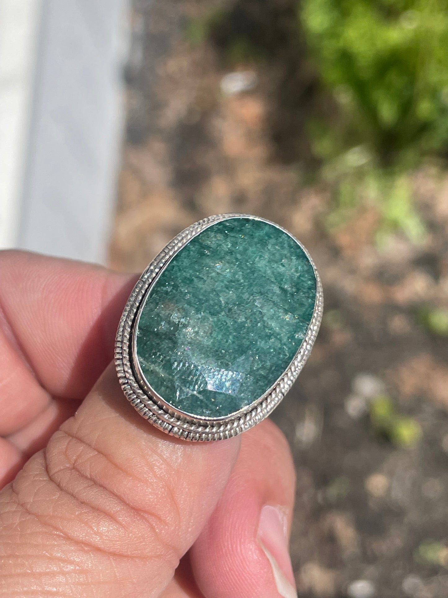 925 Sterling Silver Large Natural Emerald Stone Ring Size 6