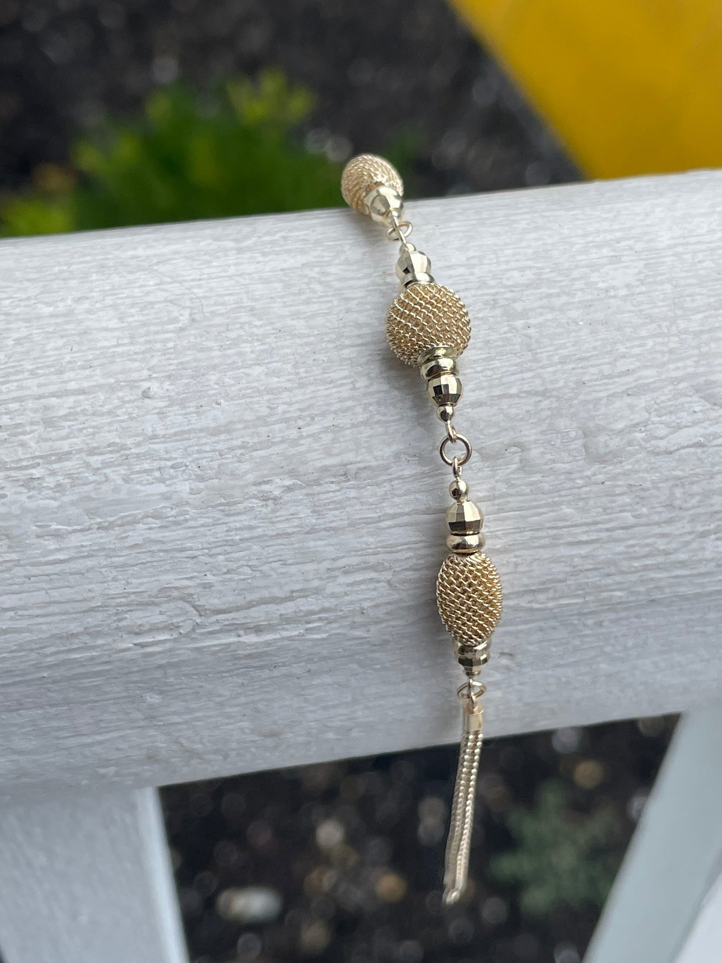 14k Solid Gold Ladies Mooncut Beaded Mesh Link Bracelet 7”