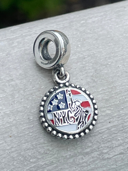 PANDORA New York City NYC Statue of Liberty USA Flag Dangle Moments Charm