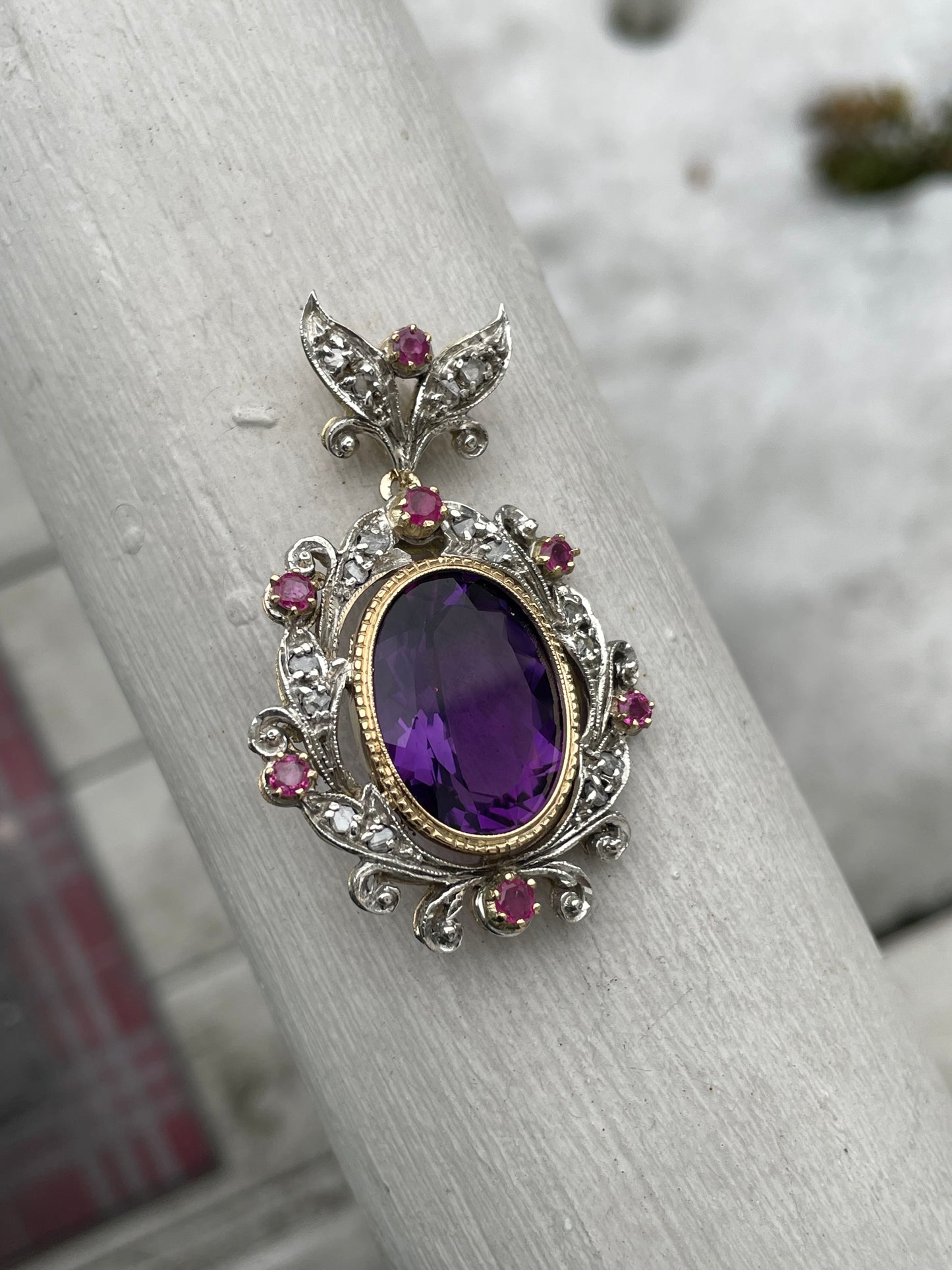 14k & 925 Silver Antique Amethyst Ruby & Diamond Pendant (K31)