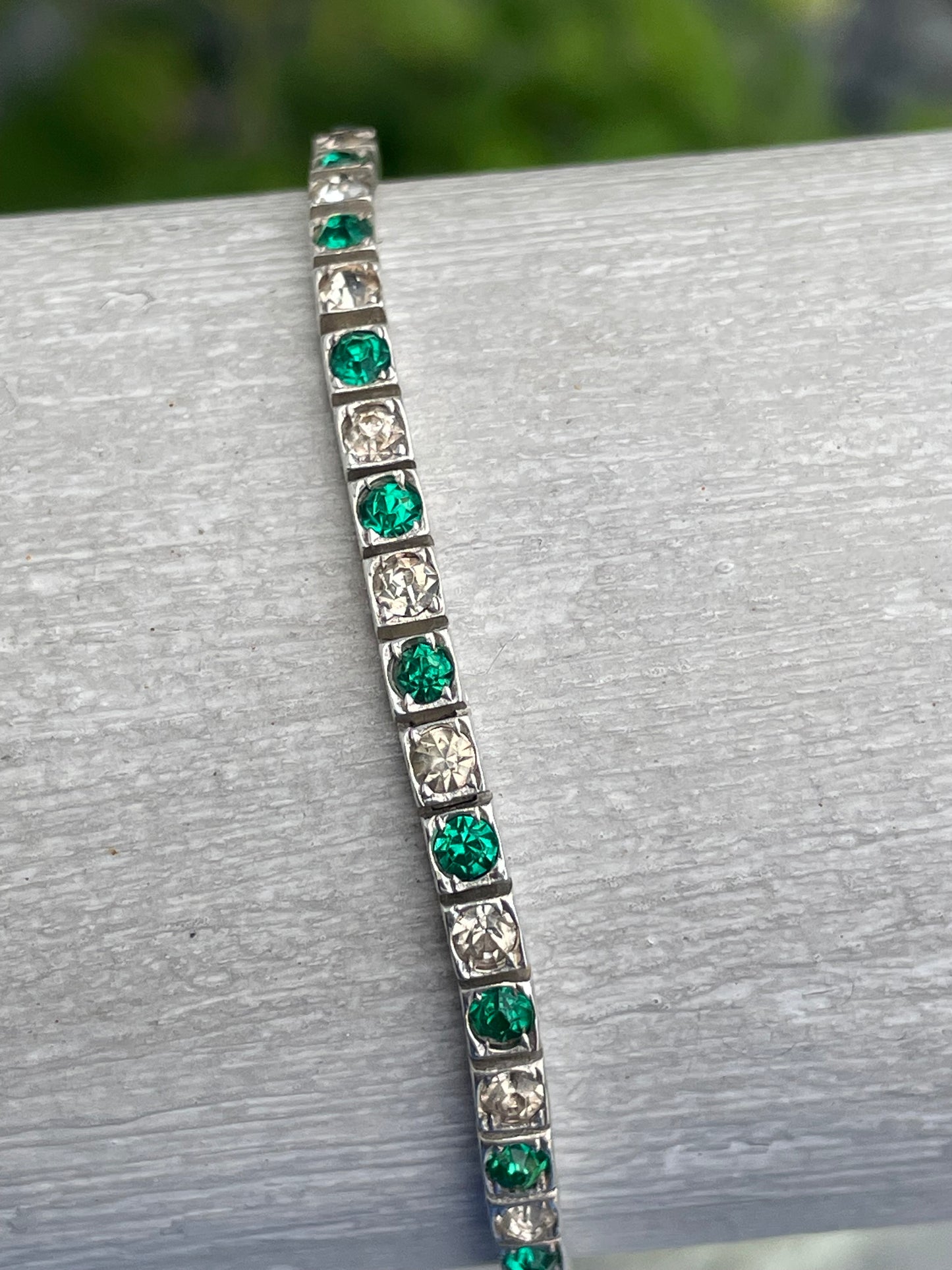 925 Sterling Silver Green & Clear Crystal Tennis Bracelet 8.5”