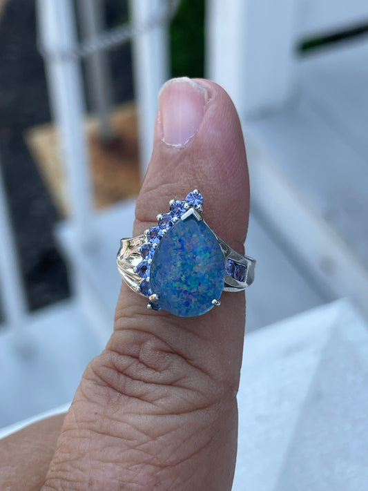 925 Sterling Silver Blue Opal & Tanzanite Ring Size 6