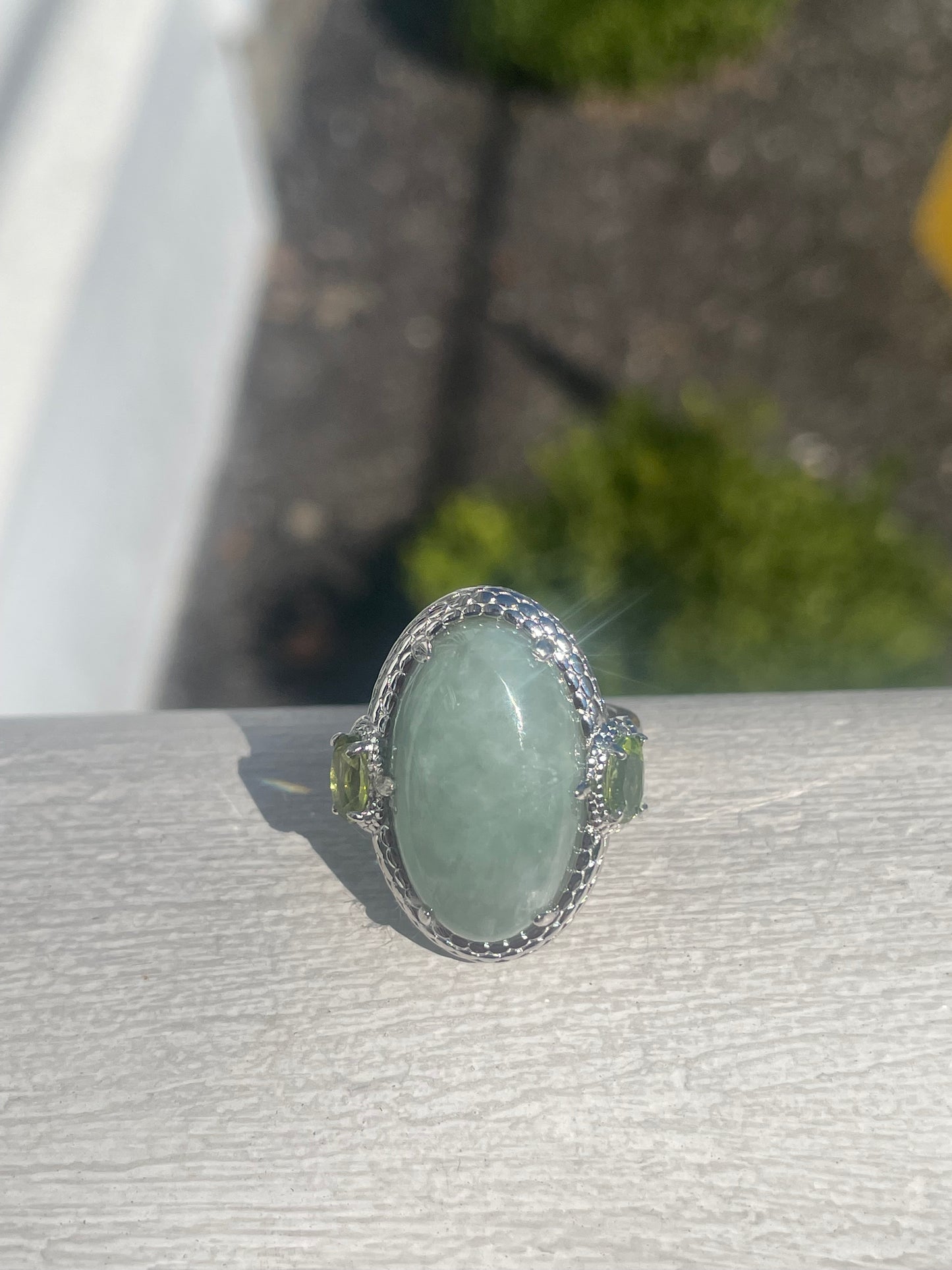 925 Sterling Silver Natural Jade & Peridot Statement Ring Size 6