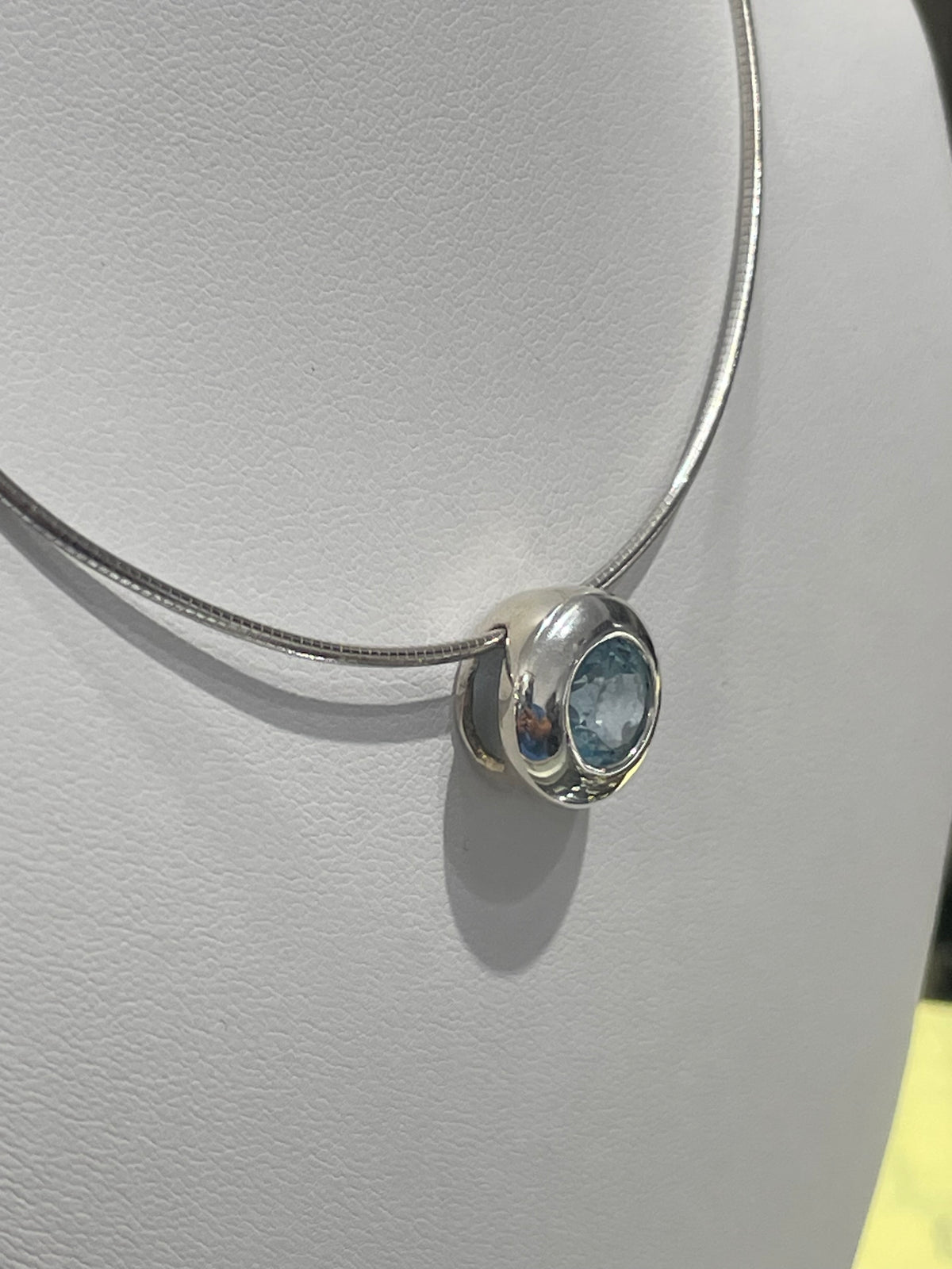 925 Sterling Silver Blue Topaz Bezel Set Omega Necklace