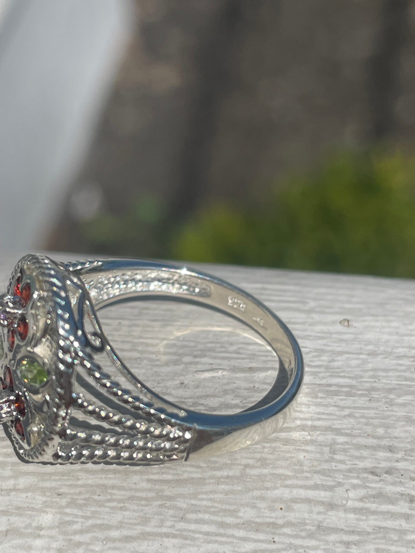 Designer Hallmark 925 Sterling Silver Signet Stone Flower Ring w/ Garnet, Peridot, and Amethyst