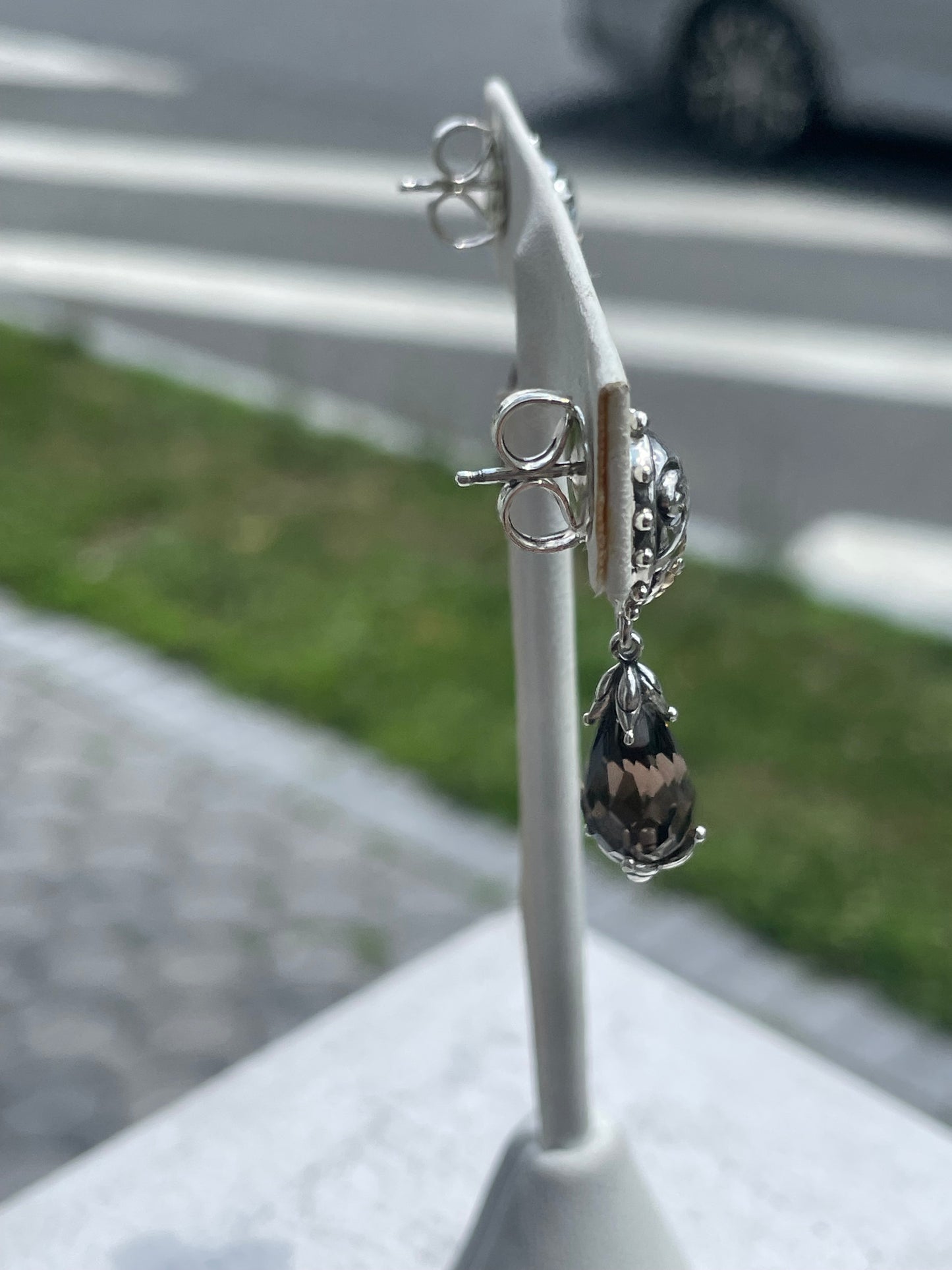 Designer Barbara Bixby Elongated Smoky Quartz Dangle Earrings 925 Sterling Silver & 18k Gold